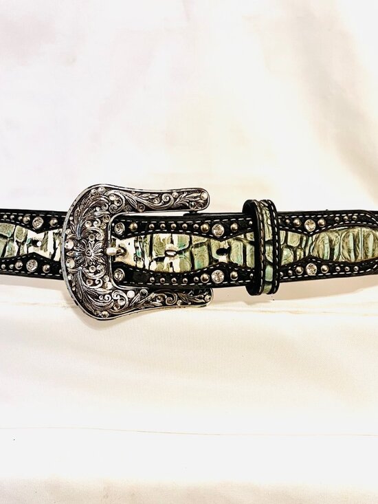 Ariat Women\'s Leather Mix Medium Women\'s Rhinestone Studded Belt-Black/Green- main image 12